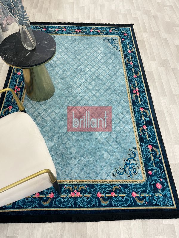 (lacivert) Çiçekli Bordürlü Lacivert Lateks Deri Taban Halı - 5