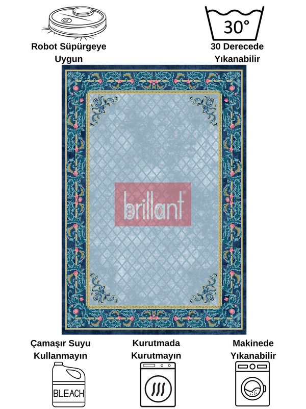 (lacivert) Çiçekli Bordürlü Lacivert Lateks Deri Taban Halı - 7