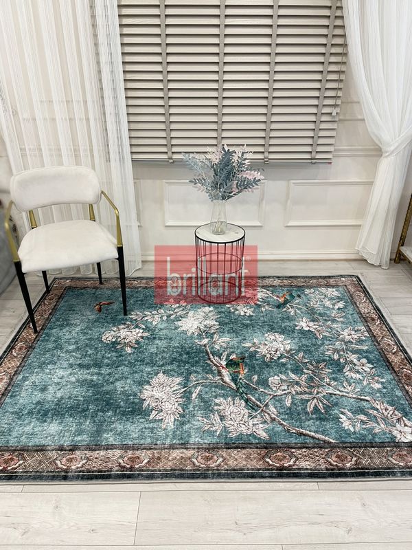 (mavi) Soft Mavi Kuş Desenli Bordürlü Kaydırmaz Halı - 1
