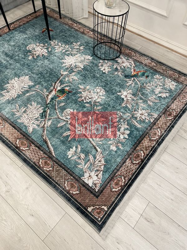 (mavi) Soft Mavi Kuş Desenli Bordürlü Kaydırmaz Halı - 3