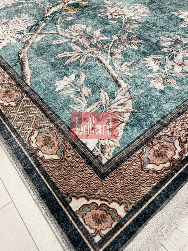 (mavi) Soft Mavi Kuş Desenli Bordürlü Kaydırmaz Halı - 4