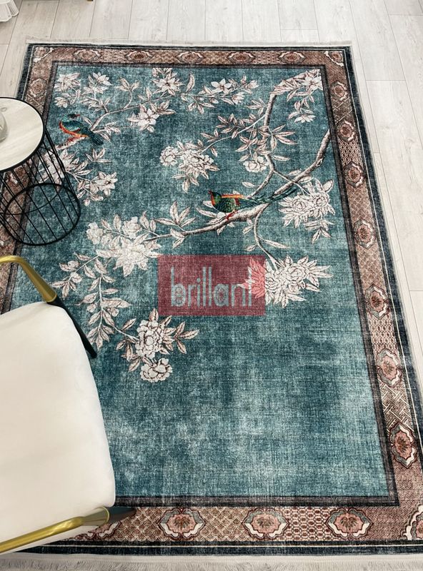 (mavi) Soft Mavi Kuş Desenli Bordürlü Kaydırmaz Halı - 5