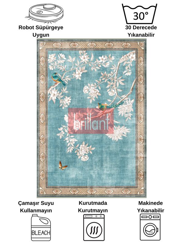 (mavi) Soft Mavi Kuş Desenli Bordürlü Kaydırmaz Halı - 7