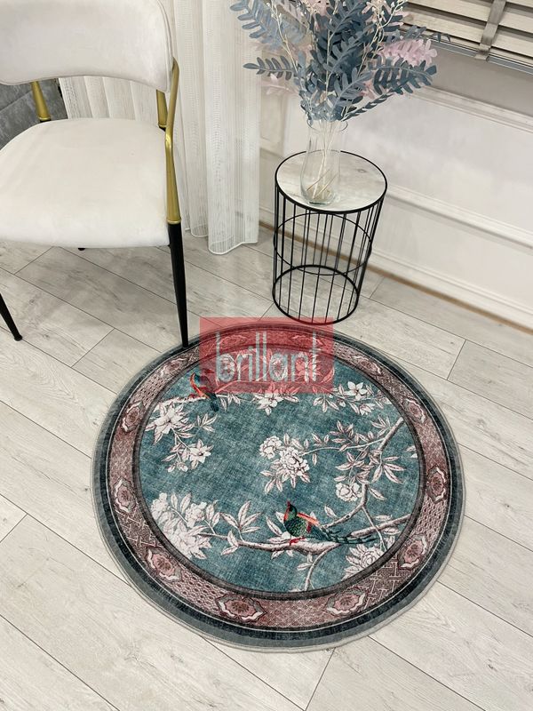 (mavi-daire) Soft Mavi Kuş Desenli Bordürlü Kaydırmaz Yuvarlak Halı - 1