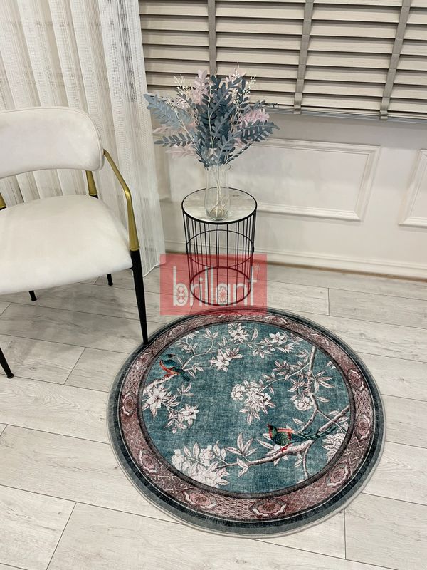 (mavi-daire) Soft Mavi Kuş Desenli Bordürlü Kaydırmaz Yuvarlak Halı - 2