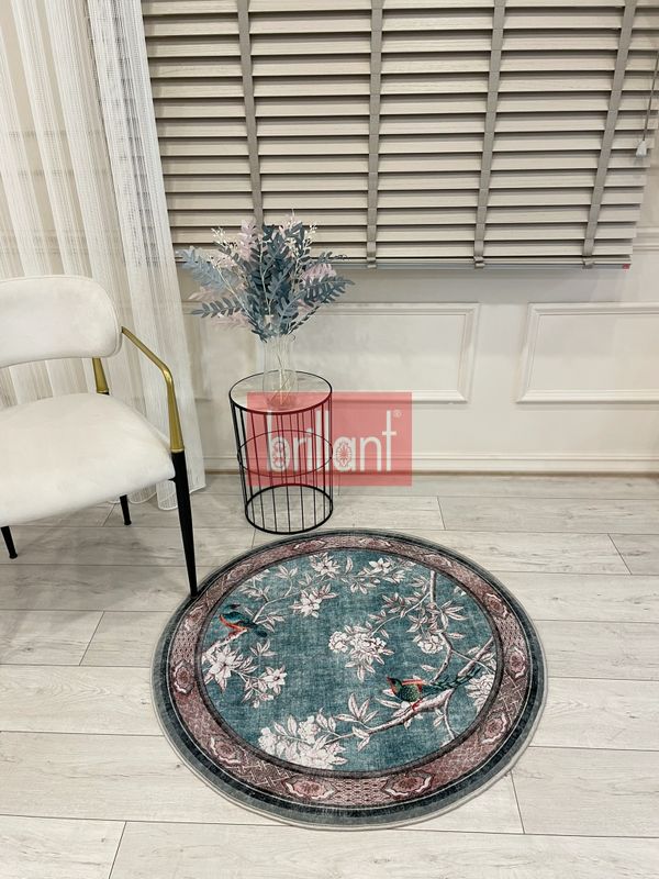 (mavi-daire) Soft Mavi Kuş Desenli Bordürlü Kaydırmaz Yuvarlak Halı - 4