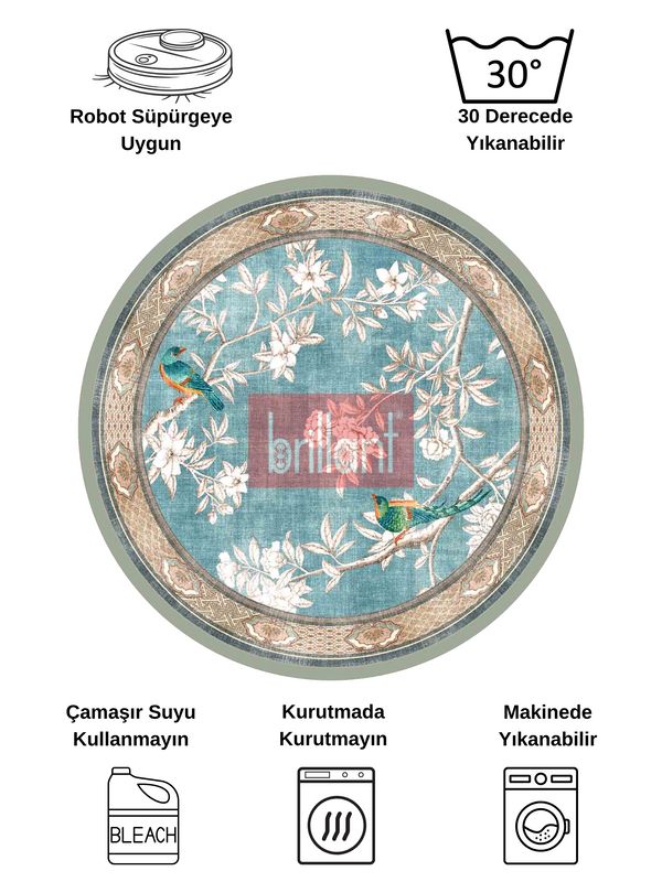 (mavi-daire) Soft Mavi Kuş Desenli Bordürlü Kaydırmaz Yuvarlak Halı - 7