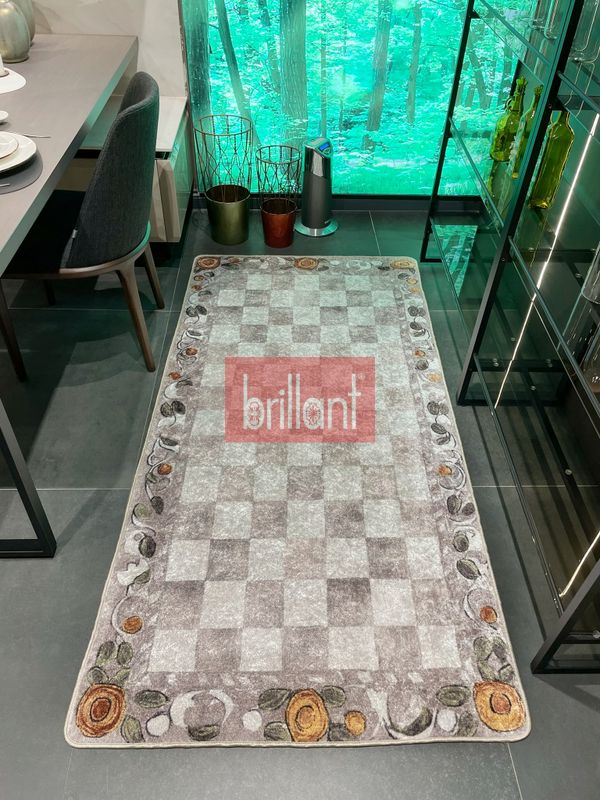 (bej) Bej Turuncu Dama Desenli Kaymaz Taban Mutfak Halısı - 1