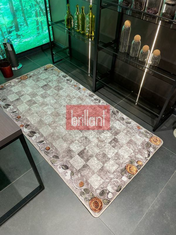 (bej) Bej Turuncu Dama Desenli Kaymaz Taban Mutfak Halısı - 3