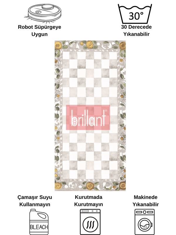 (bej) Bej Turuncu Dama Desenli Kaymaz Taban Mutfak Halısı - 7