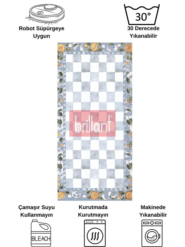 (gri) Gri Turuncu Dama Desenli Kaymaz Taban Mutfak Halısı - 8