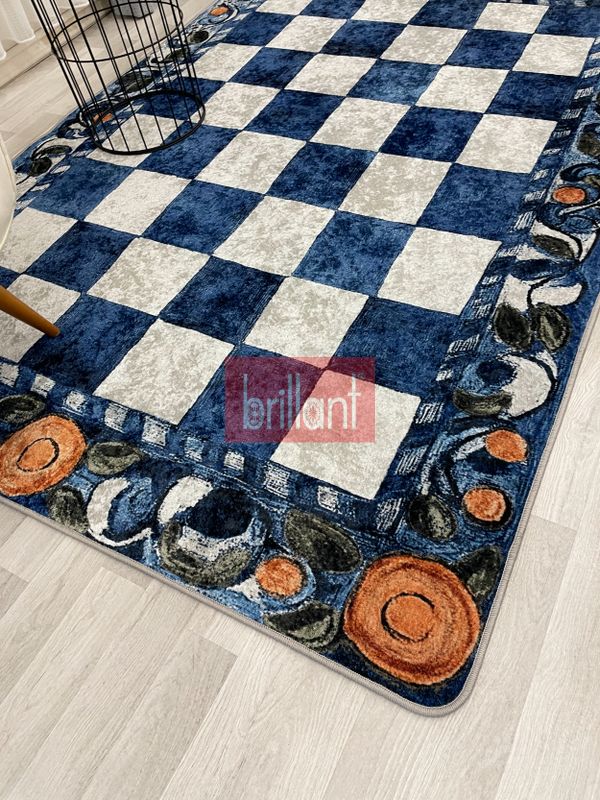 (mavi) Mavi Turuncu Dama Desenli Kaymaz Taban Mutfak Halısı - 4