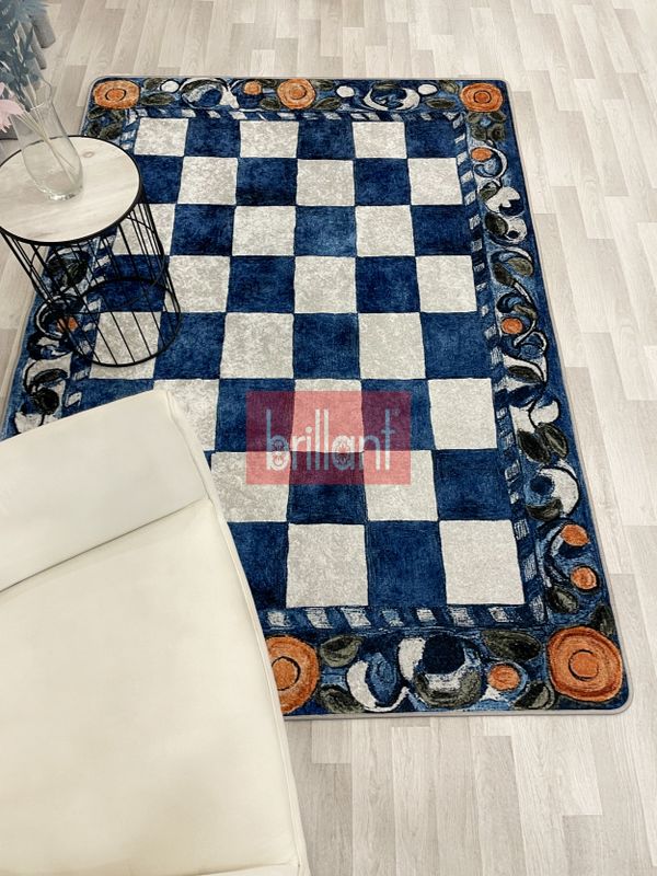 (mavi) Mavi Turuncu Dama Desenli Kaymaz Taban Mutfak Halısı - 5