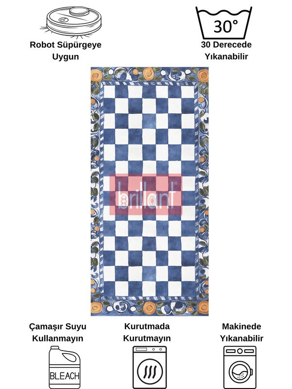 (mavi) Mavi Turuncu Dama Desenli Kaymaz Taban Mutfak Halısı - 7
