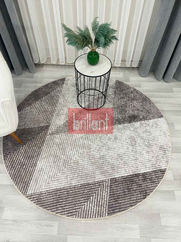 (bej-oval) Bej Renk Geometrik Desen Kaymaz Taban Yolluk Halı - 2