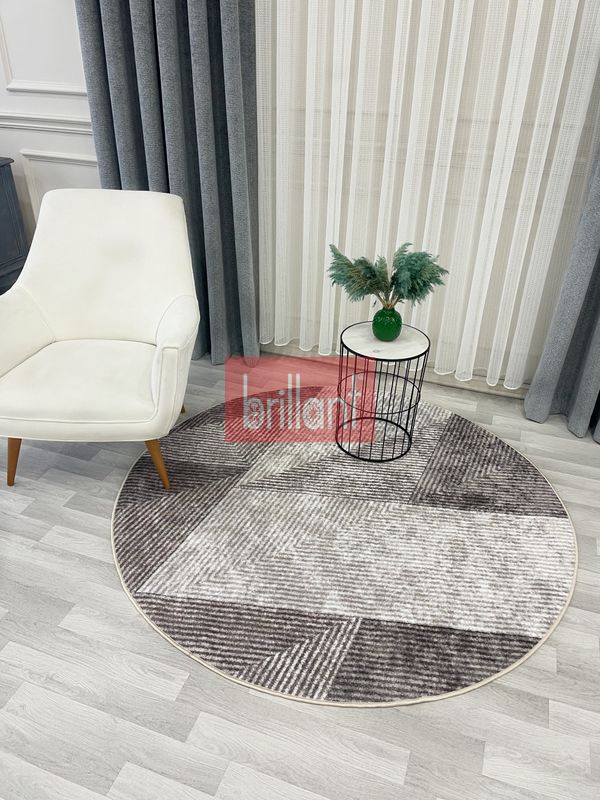 (bej-oval) Bej Renk Geometrik Desen Kaymaz Taban Yolluk Halı - 3