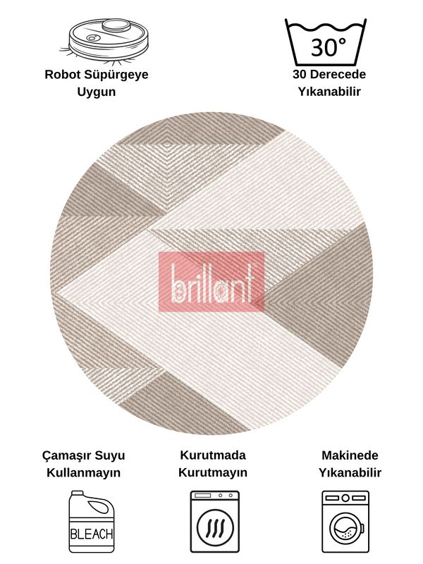 (bej-oval) Bej Renk Geometrik Desen Kaymaz Taban Yolluk Halı - 6