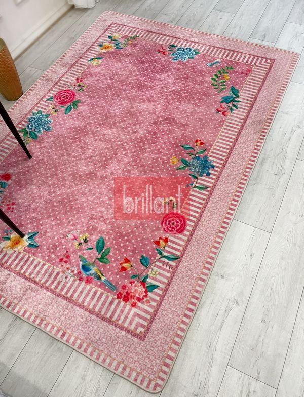 (pembe) Pembe Renkli Zemin Gül Desenli Kaydırmaz Halı - 3