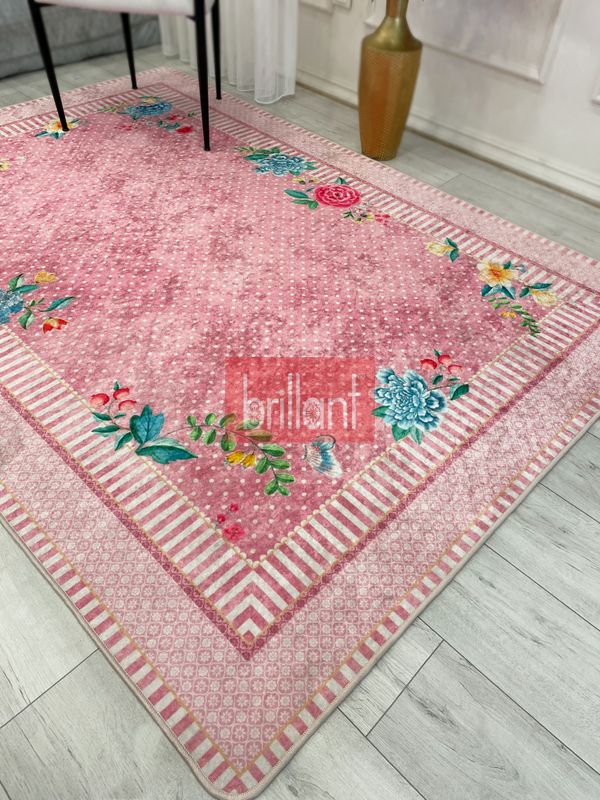 (pembe) Pembe Renkli Zemin Gül Desenli Kaydırmaz Halı - 4