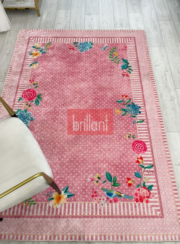 (pembe) Pembe Renkli Zemin Gül Desenli Kaydırmaz Halı - 5