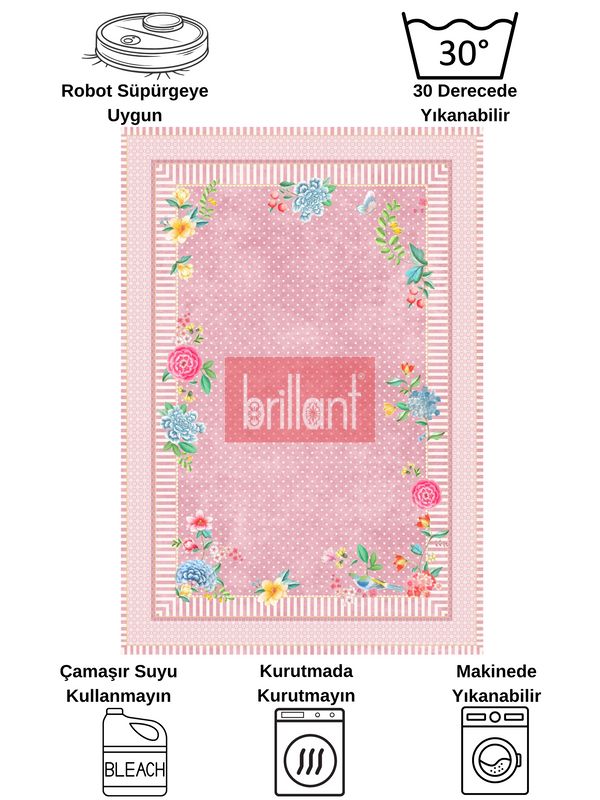 (pembe) Pembe Renkli Zemin Gül Desenli Kaydırmaz Halı - 7