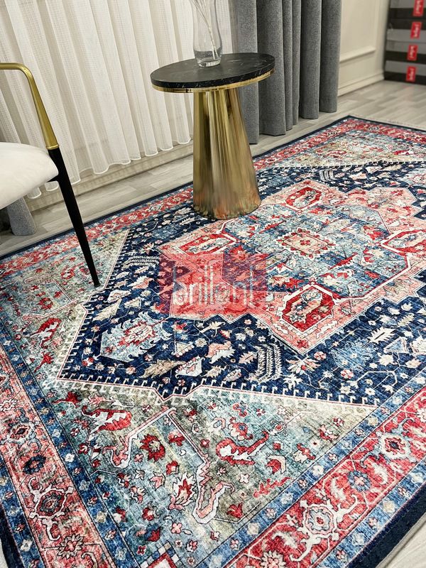 (lacivert) Kilim Motifli SAÇAKLI Klasik Kaymaz Taban Halı - 2