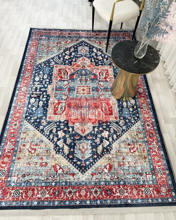 (lacivert) Kilim Motifli SAÇAKLI Klasik Kaymaz Taban Halı - 3