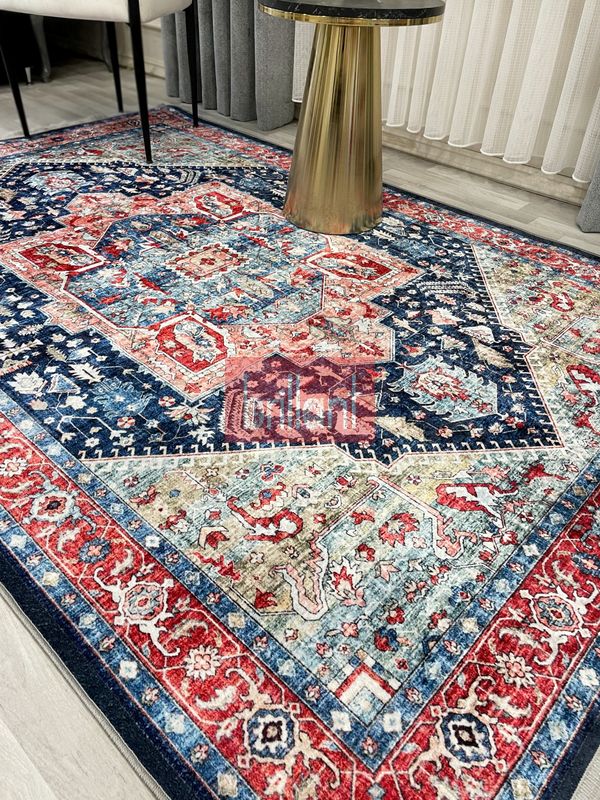 (lacivert) Kilim Motifli SAÇAKLI Klasik Kaymaz Taban Halı - 4