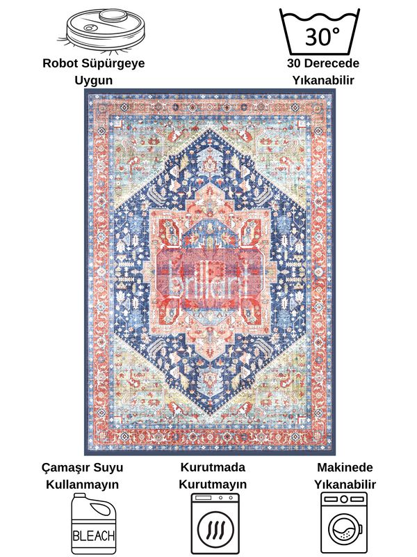 (lacivert) Kilim Motifli SAÇAKLI Klasik Kaymaz Taban Halı - 6