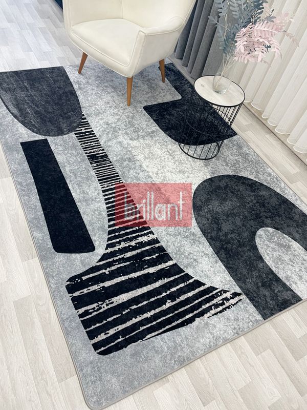 (gri) Gri Renk Soyut Görünümlü Modern Halı - 3