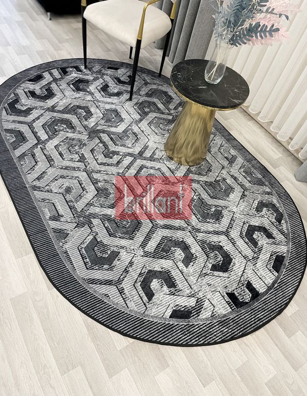 (gri) Gri Renk Kabartmalı Görünüm OVAL Lateks Deri Taban Halı - 1