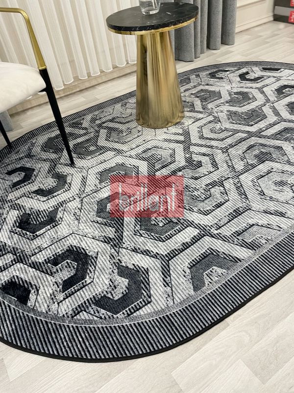 (gri) Gri Renk Kabartmalı Görünüm OVAL Lateks Deri Taban Halı - 2