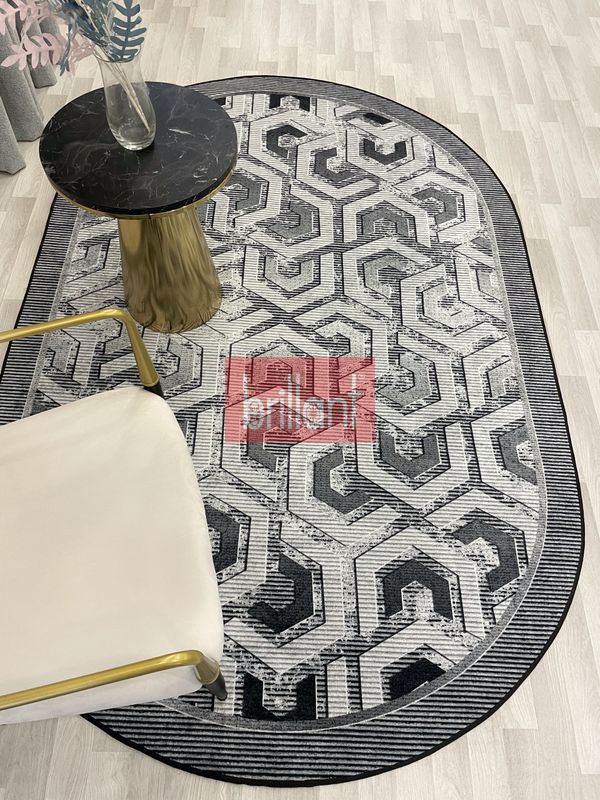 (gri) Gri Renk Kabartmalı Görünüm OVAL Lateks Deri Taban Halı - 3
