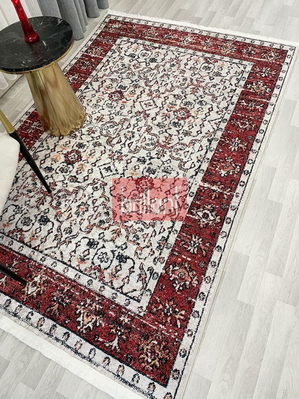 (bej) Kilim Motifli SAÇAKLI Klasik Kaymaz Taban Halı - 5