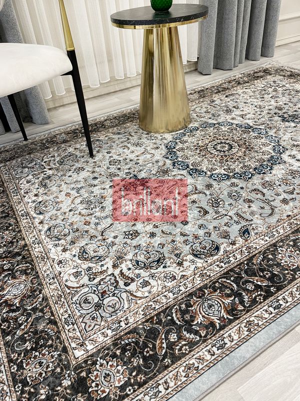 (gri) GRİ Geleneksel Motirfli SAÇAKLI Klasik Kaymaz Taban Halı - 5