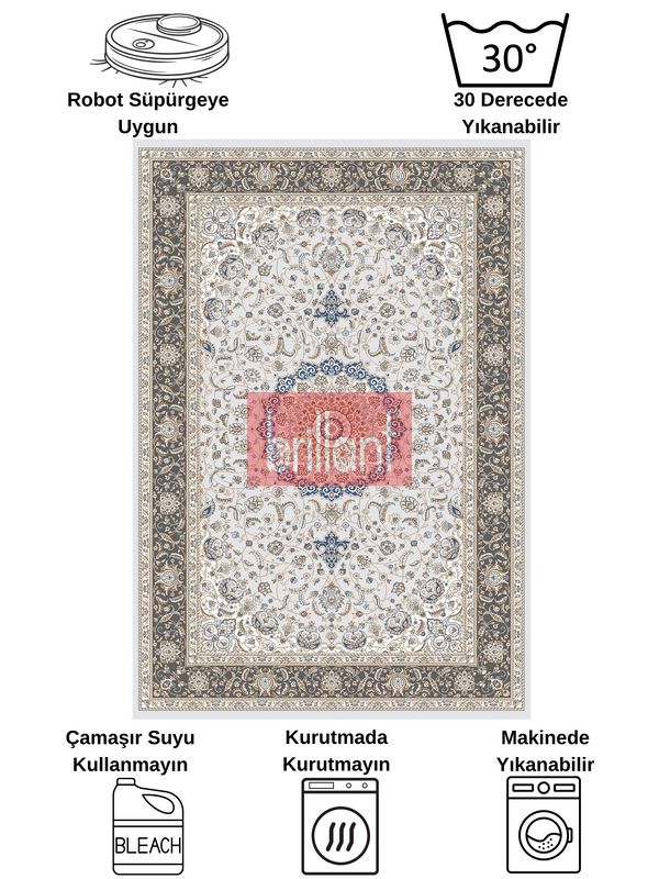 (gri) GRİ Geleneksel Motirfli SAÇAKLI Klasik Kaymaz Taban Halı - 8