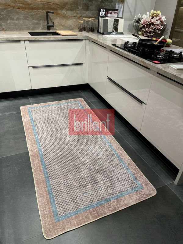 (acik-kahverengi) KAHVE-MAVİ Jüt Sisal Görünüm Bordürlü Kaymaz Taban Yolluk Mutfak Halı - 6