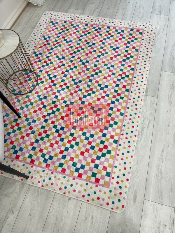 (pembe) Puantiye Desenli Damalı Lateks Taban Çocuk Halısı - 6