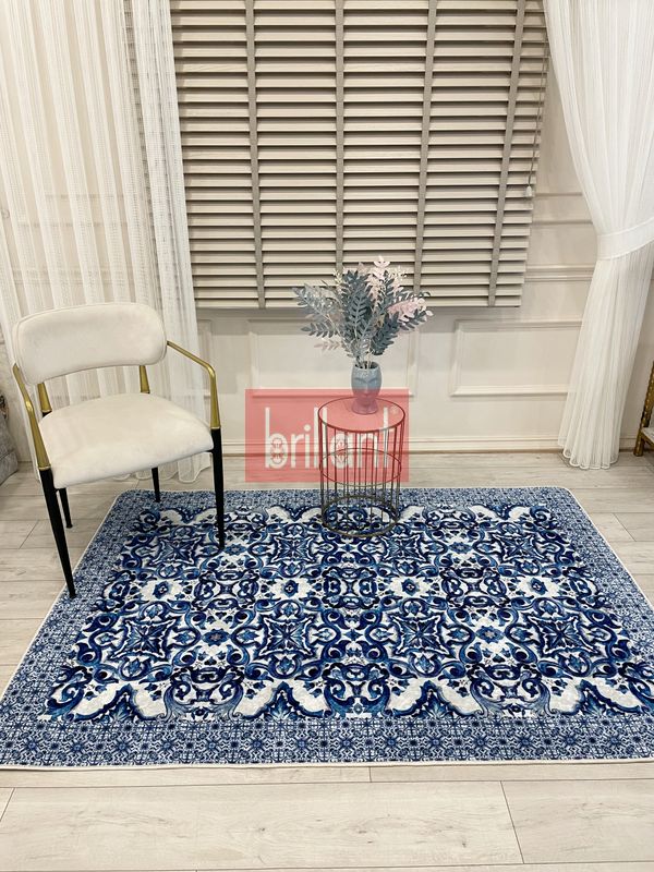 (lacivert) Lacivert-Gri  Blue Blanc Modern Lateks Kaymaz Taban Halı - 1