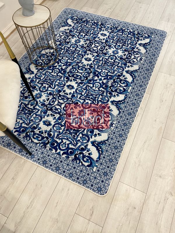 (lacivert) Lacivert-Gri  Blue Blanc Modern Lateks Kaymaz Taban Halı - 2