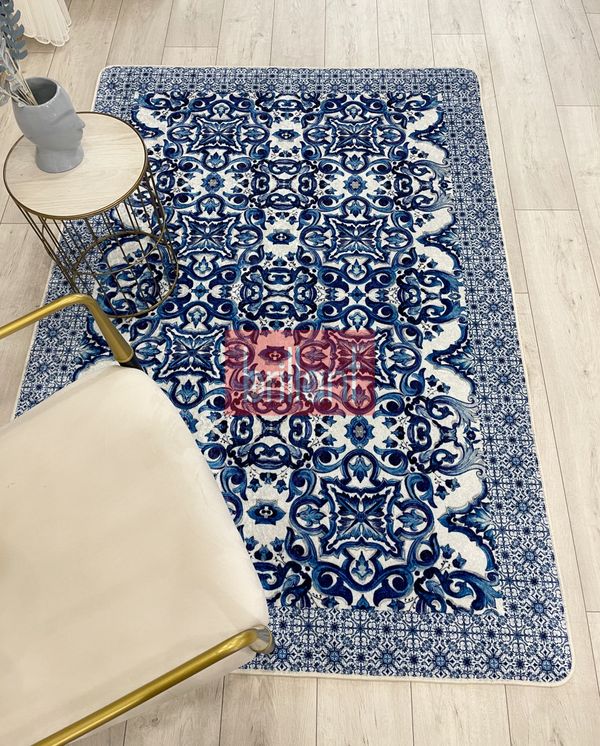 (lacivert) Lacivert-Gri  Blue Blanc Modern Lateks Kaymaz Taban Halı - 3