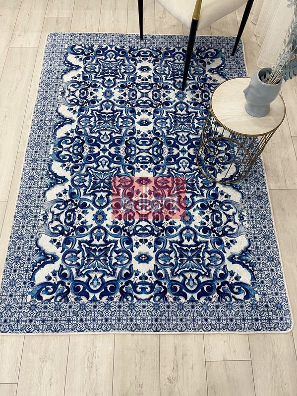 (lacivert) Lacivert-Gri  Blue Blanc Modern Lateks Kaymaz Taban Halı - 4