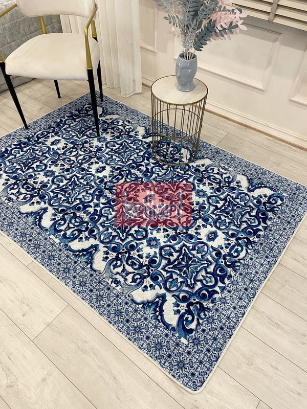 (lacivert) Lacivert-Gri  Blue Blanc Modern Lateks Kaymaz Taban Halı - 5