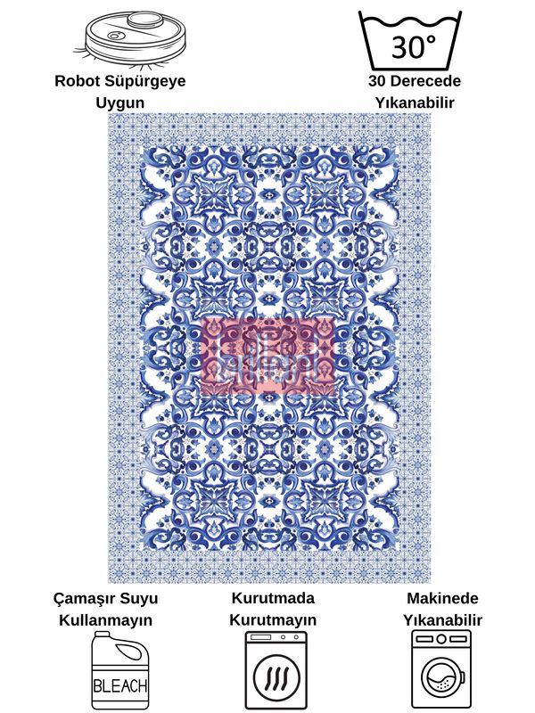 (lacivert) Lacivert-Gri  Blue Blanc Modern Lateks Kaymaz Taban Halı - 8