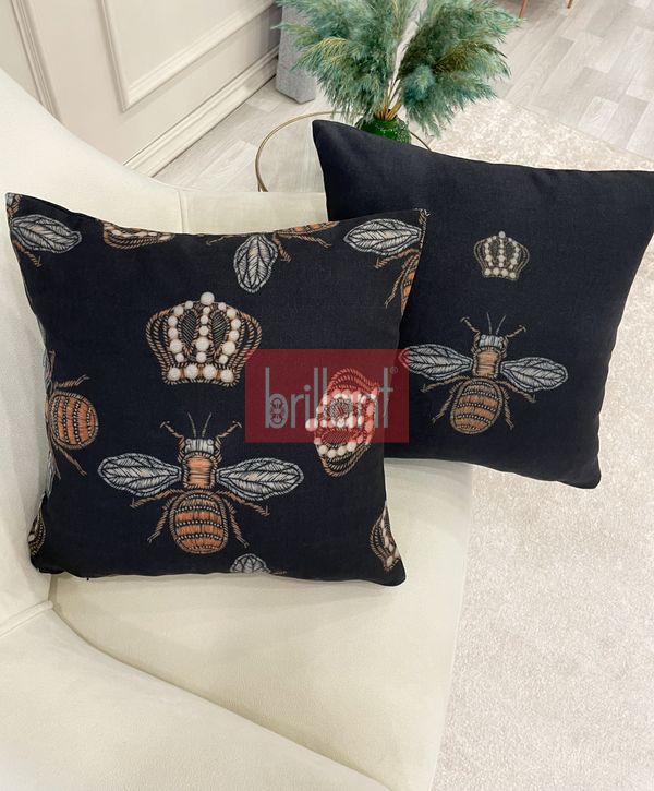 (siyah) 2 Ii Kraliçe Arı İşleme Görünüm Dokuma Kumaş Kırlent Kılıfı 45x45 - 1