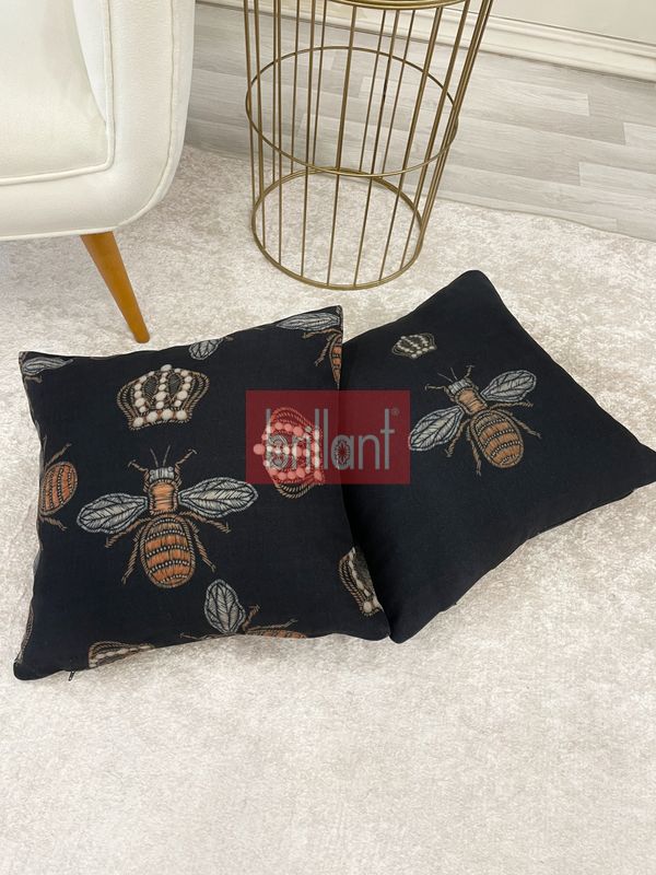 (siyah) 2 Ii Kraliçe Arı İşleme Görünüm Dokuma Kumaş Kırlent Kılıfı 45x45 - 2