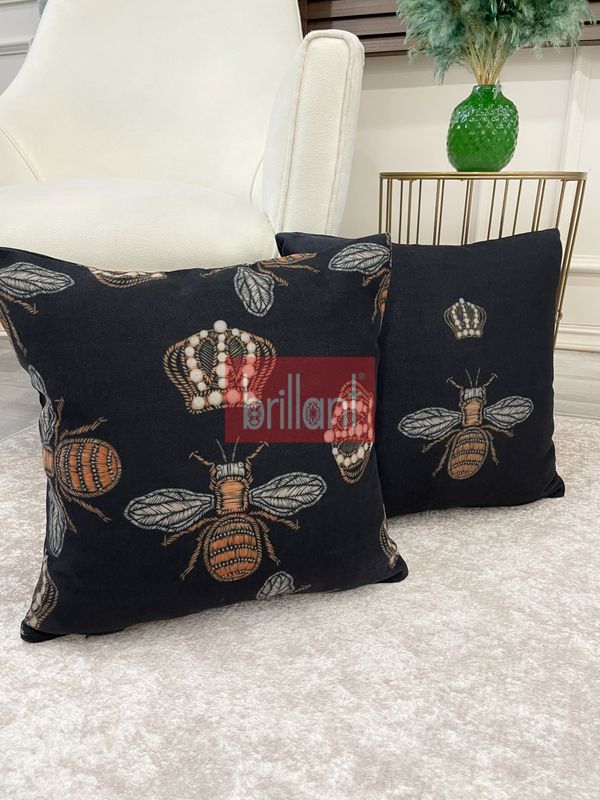 (siyah) 2 Ii Kraliçe Arı İşleme Görünüm Dokuma Kumaş Kırlent Kılıfı 45x45 - 3