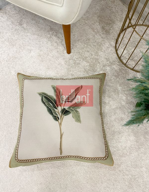 (bej) Bej Yeşil Yaprak Desenli Dokuma Kumaş Kırlent Kılıfı 45x45 - 1