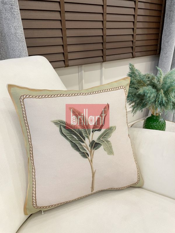 (bej) Bej Yeşil Yaprak Desenli Dokuma Kumaş Kırlent Kılıfı 45x45 - 2