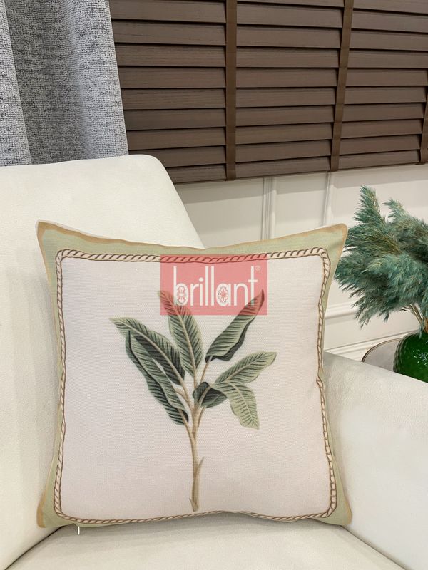 (bej) Bej Yeşil Yaprak Desenli Dokuma Kumaş Kırlent Kılıfı 45x45 - 3